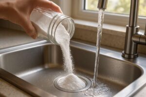 Pour in half a glass, and the drain will clean itself